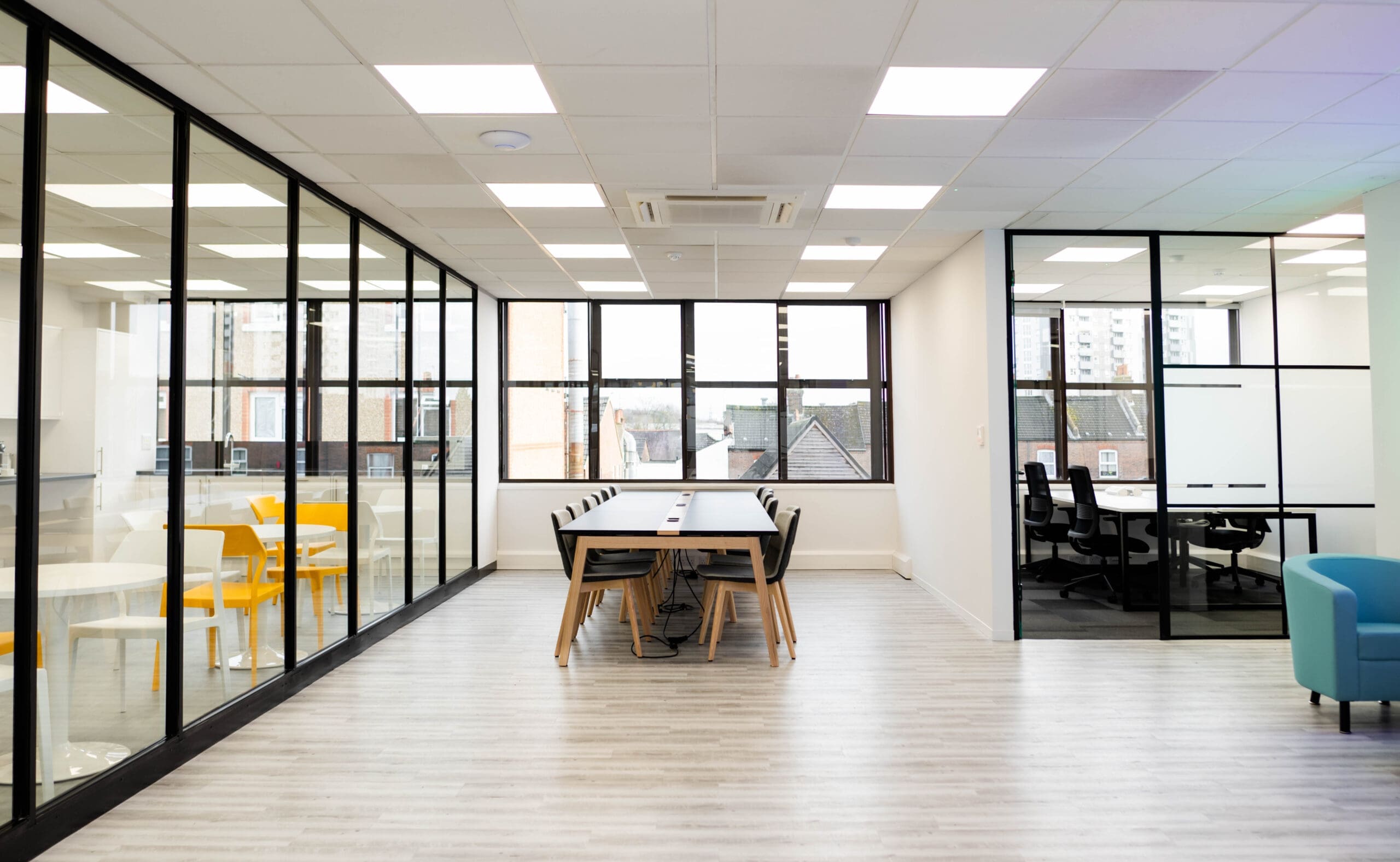 Shared Kitchen Space, Hotdesking area and Private office room.